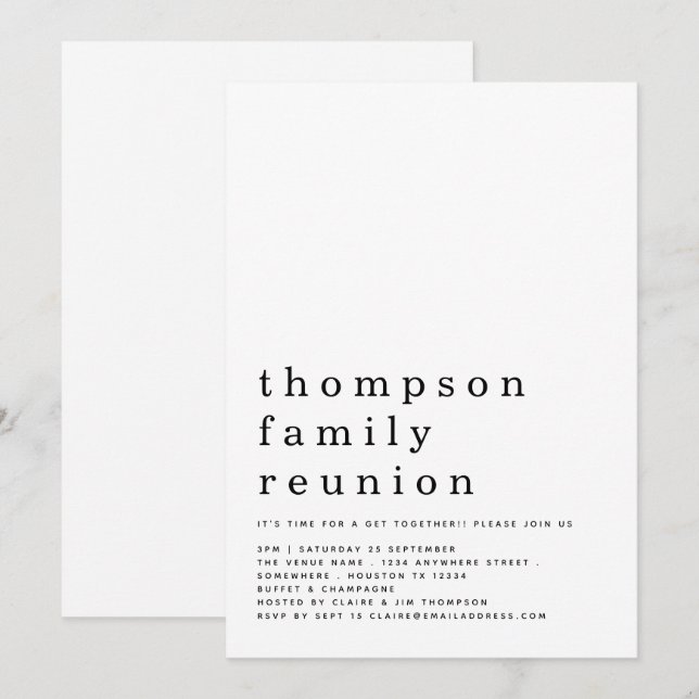 Invitación Fiesta de Reunión Familiar de Tipografía minimalis (Anverso / Reverso)