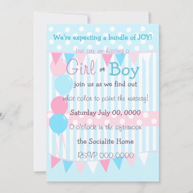 Invitación Fiesta de revelación de bebé de niño o Chica (Anverso)