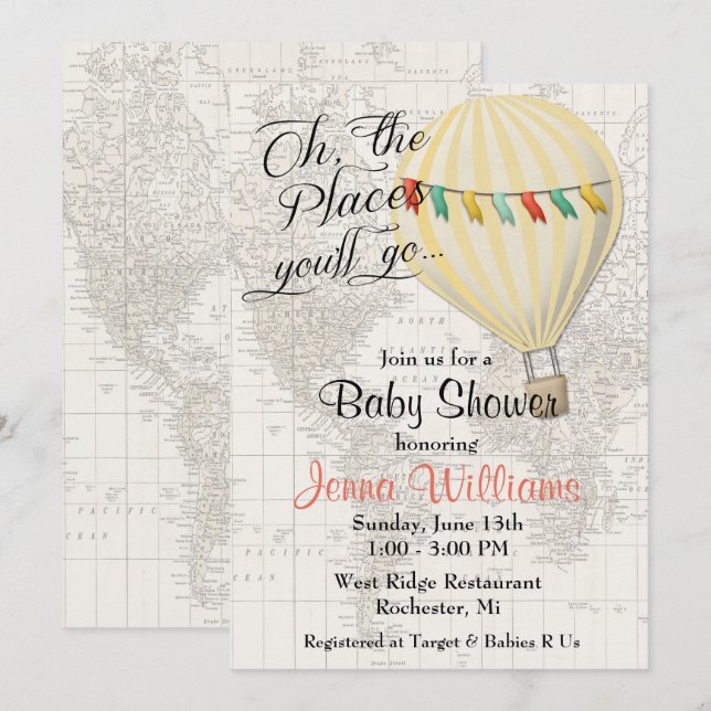 Invitación Fiesta de Revelación de Bebé Globo Amarillo Neutro (Anverso / Reverso)