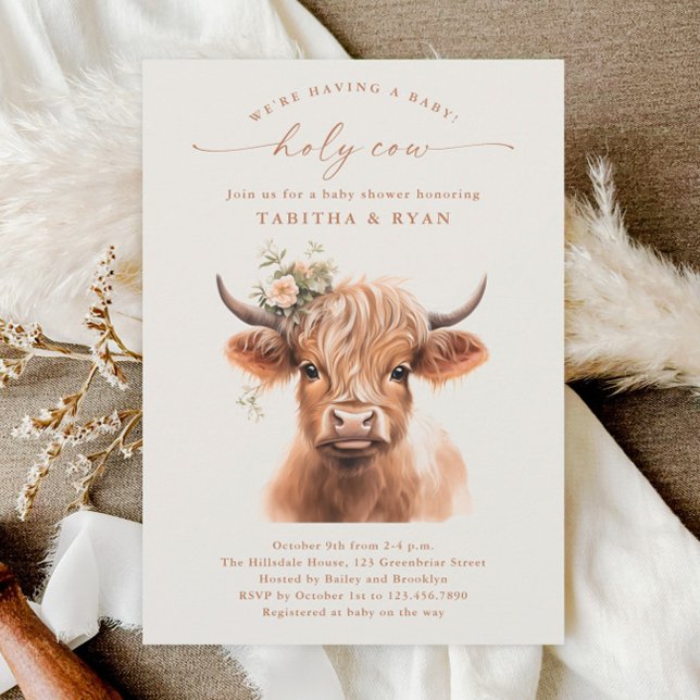 Invitación Fiesta de Revelación de Bebé Parejas Neutral Vaque (Highland Cow Country Floral Farm Couples Baby Shower Invitation.)
