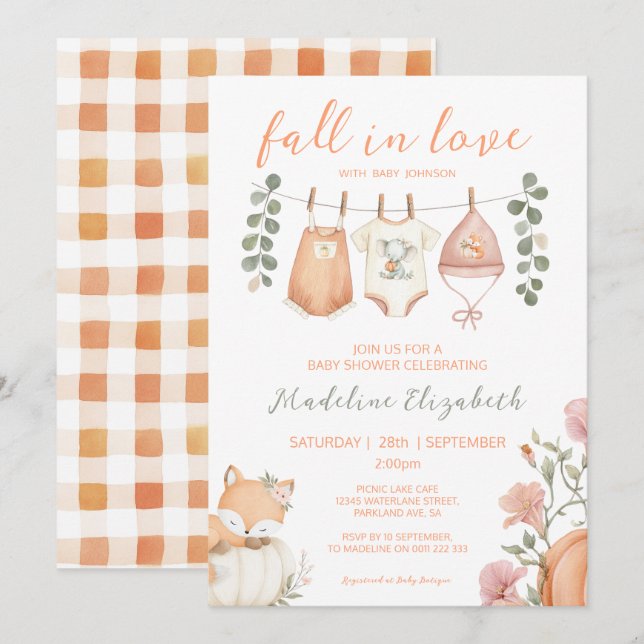 Invitación Fiesta de Revelación de Bebé Ropa de Otoño Enamóra (Anverso / Reverso)