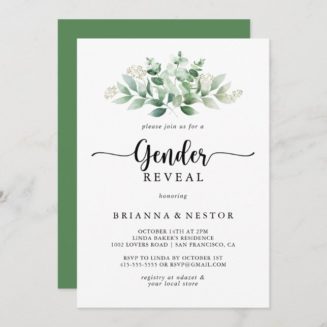 Invitación Fiesta de Revelación de Eucalipto minimalista (Anverso / Reverso)