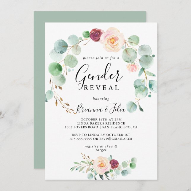 Invitación Fiesta de Revelación de Eucalyptus Floral de Géner (Anverso / Reverso)