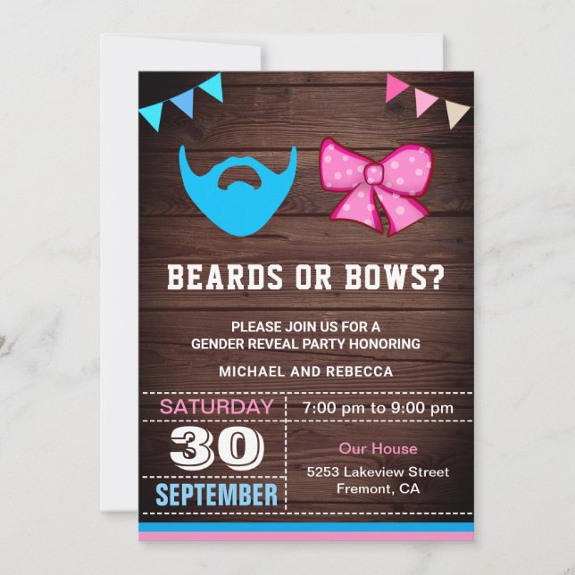 Invitación Fiesta de Revelación de Género: Barbas o Lazos (Anverso)