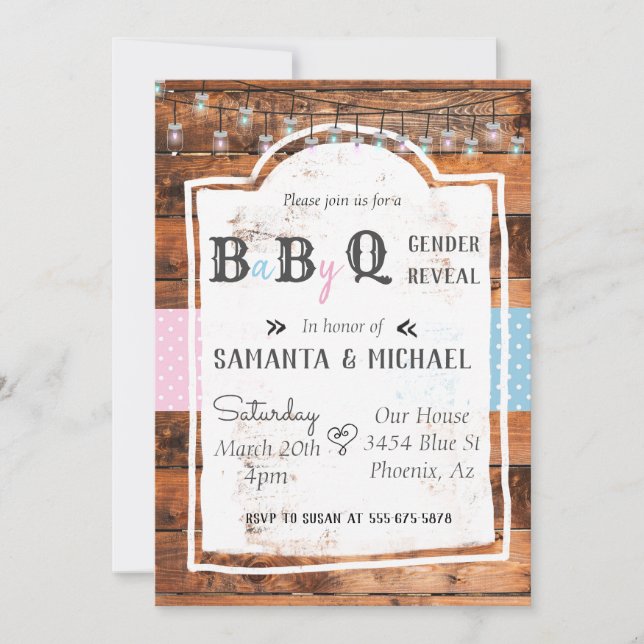 Invitación Fiesta de Revelación de Género BBQ País de Madera  (Anverso)