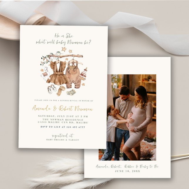 Invitación Fiesta de Revelación de Género Boho Ropa de Bebé e (Subido por el creador)
