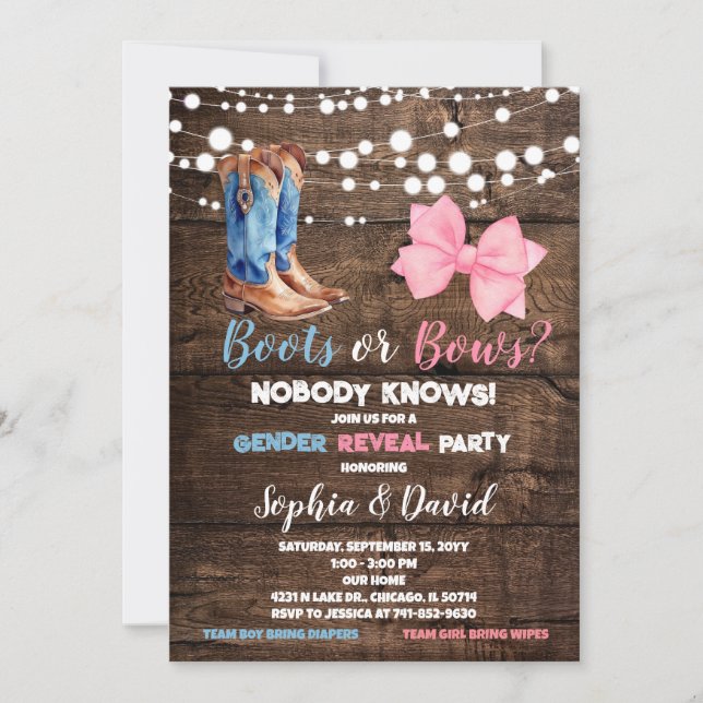 Invitación Fiesta de Revelación de Género Botas o Lazos (Anverso)