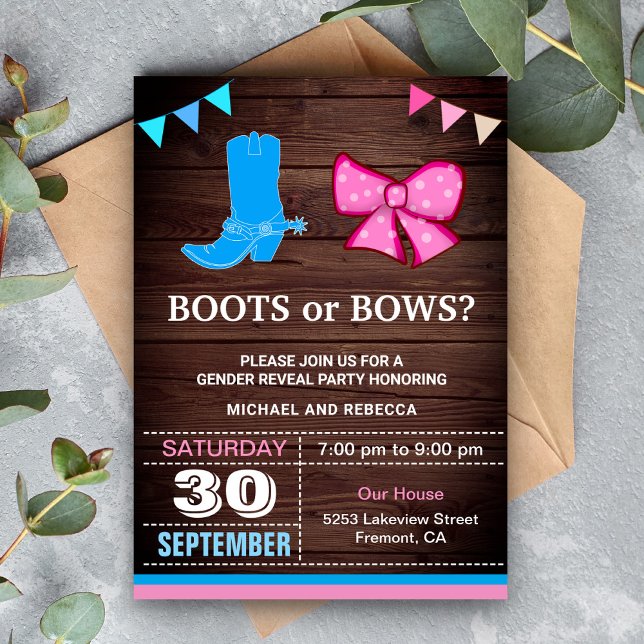 Invitación Fiesta de Revelación de Género Botas o Lazos (Subido por el creador)