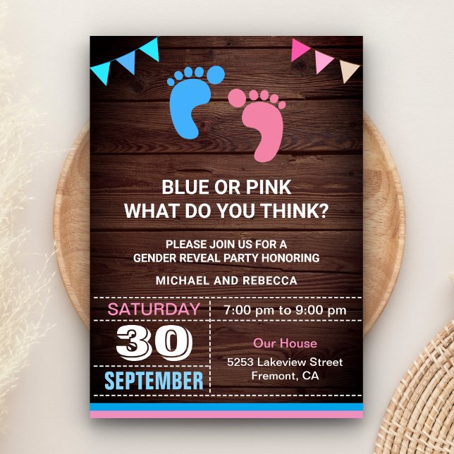 Invitación Fiesta de revelación de género con huellas de bebé (Subido por el creador)