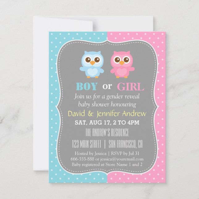 Invitación Fiesta de Revelación de Género con Tema de Búho de (Anverso)