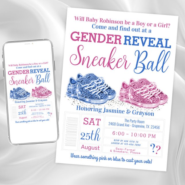 Invitación Fiesta de Revelación de Género con Zapatillas (Sneaker ball gender reveal shower invitation. Instant download and printed invitations available.)