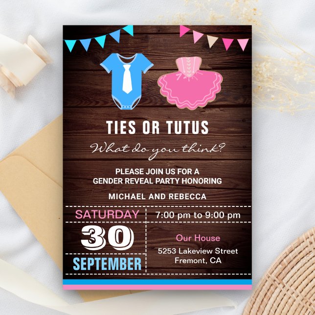 Invitación Fiesta de Revelación de Género Corbatas o Tutus (Subido por el creador)