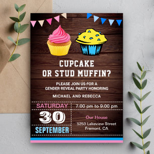 Invitación Fiesta de Revelación de Género Cupcake o Stud Muff