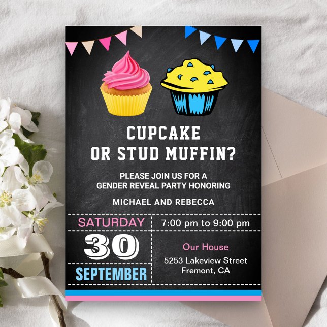 Invitación Fiesta de Revelación de Género Cupcake o Stud Muff (Subido por el creador)