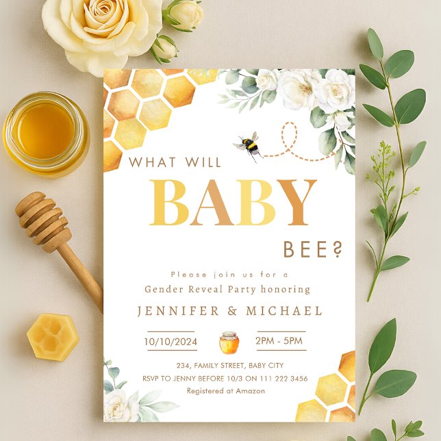 Invitación Fiesta de Revelación de Género de Abeja Neutral Qu (Bee Gender Reveal Party What Will Baby Bee Invitation)