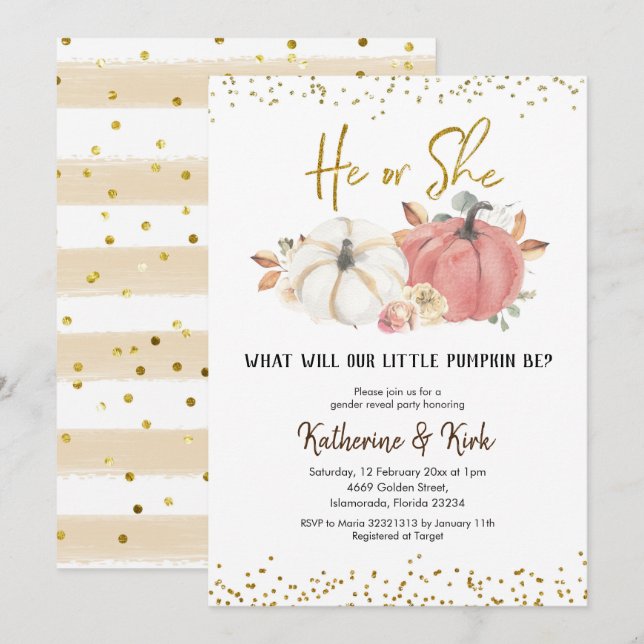 Invitación Fiesta de revelación de género de calabaza rosa y  (Anverso / Reverso)