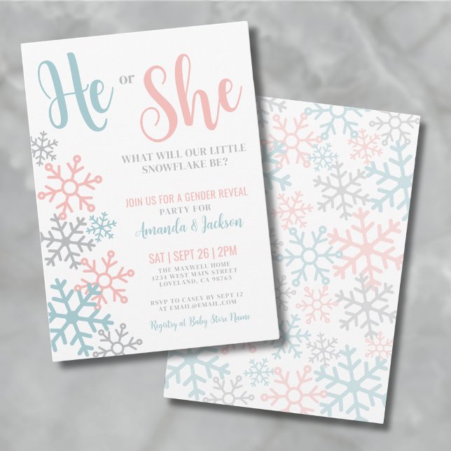 Invitación Fiesta de revelación de género de copo de nieve en (Winter Gender Reveal Invitation)