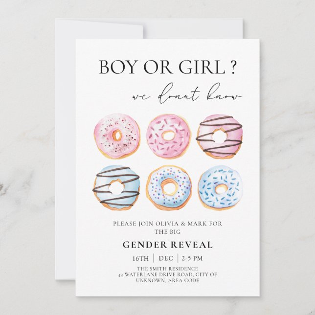 Invitación Fiesta de revelación de género de donuts azules y  (Anverso)