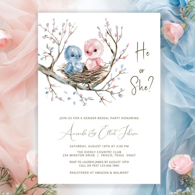 Invitación Fiesta de Revelación de Género de Dulces Pajaritos (Sweet baby birds in a nest on a pretty pink and blue flower tree branch gender reveal invitation. )