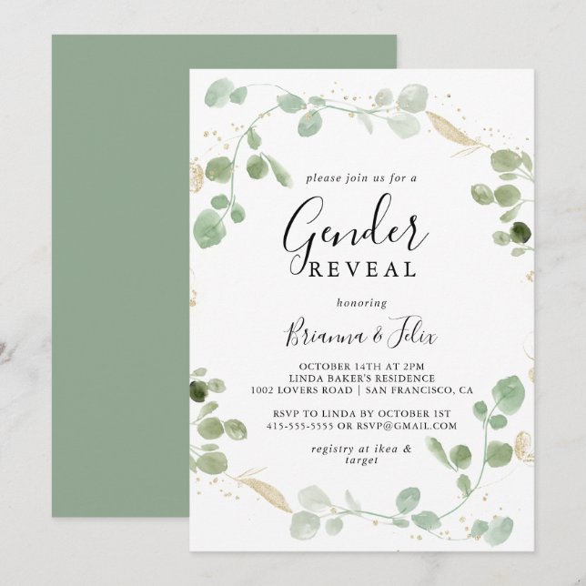 Invitación Fiesta de Revelación de Género de Eucalipto de Con (Anverso / Reverso)