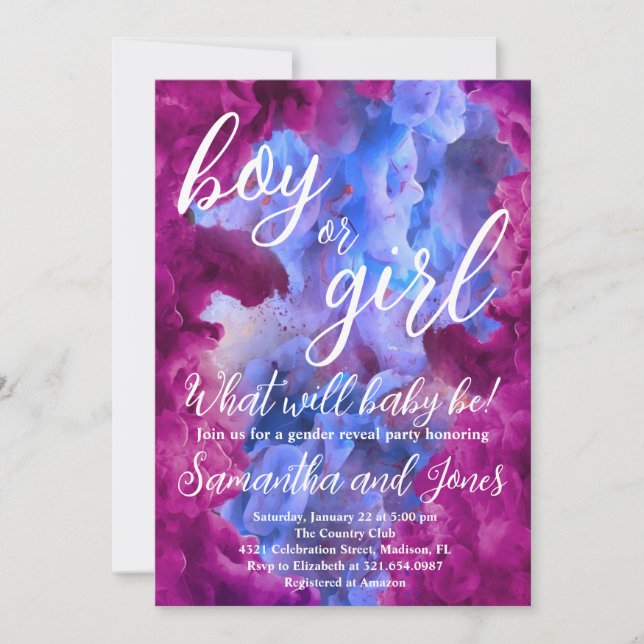 Invitación Fiesta de revelación de género de humo rosa azul (Anverso)