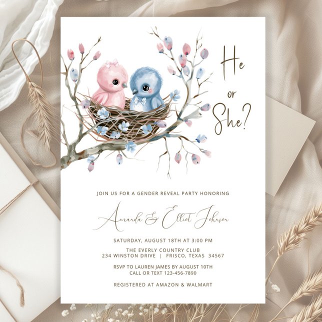 Invitación Fiesta de revelación de género de las aves infanti (Adorable baby boy and baby girl birds in nest gender reveal baby shower invitation. )