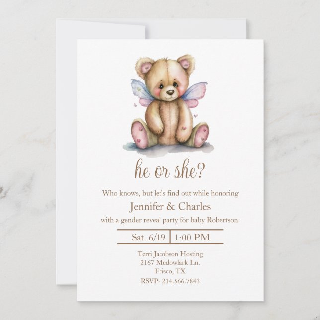 Invitación Fiesta de revelación de género de osito de peluche (Anverso)
