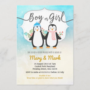 Invitación Fiesta de revelación de género de penguin de invie
