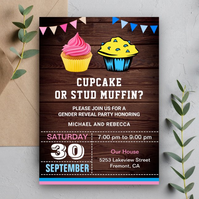 Invitación Fiesta de revelación de género de tarta o muffin d (Subido por el creador)