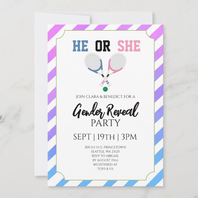 Invitación Fiesta de Revelación de Género de Tenis con Rayas  (Anverso)