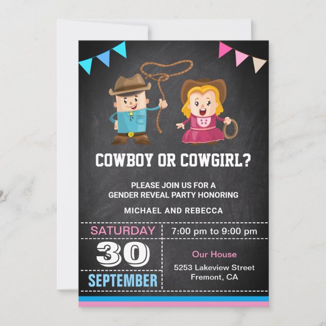Invitación Fiesta de revelación de género de vaquero o vaquer (Anverso)
