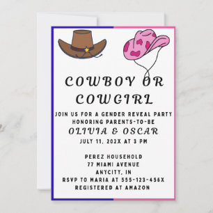 Invitación Fiesta de revelación de género de vaquero vaquera
