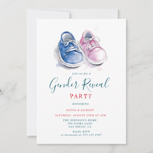 Invitación Fiesta de revelación de género de zapatillas rosas (Anverso)