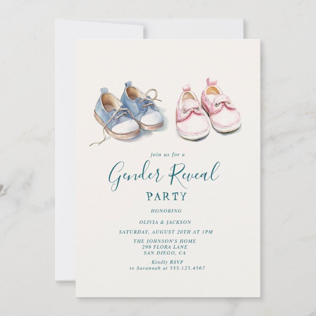 Invitación Fiesta de revelación de género de zapatillas rosas (Anverso)