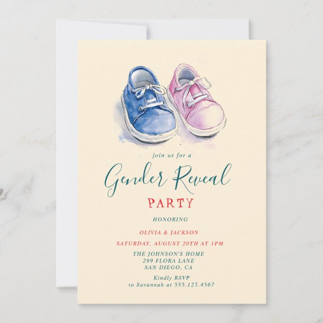 Invitación Fiesta de revelación de género de zapatillas rosas (Anverso)