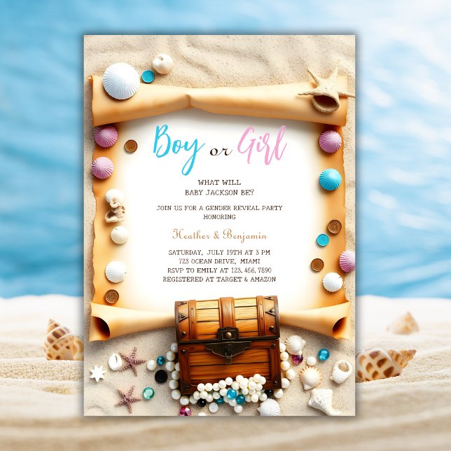 Invitación Fiesta de revelación de género del tesoro de la pl (Nautical Beach Treasure Chest Gender Reveal Party Invitation)