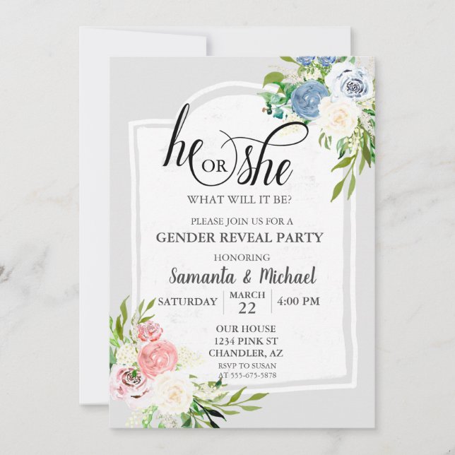 Invitación Fiesta de revelación de género floral azul con pol (Anverso)