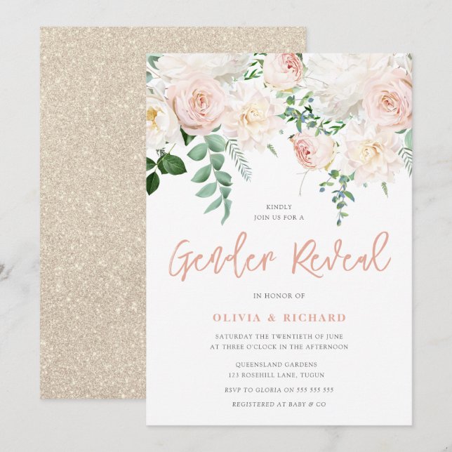 Invitación Fiesta de revelación de género floral blanca y Rub (Anverso / Reverso)