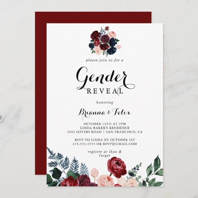 Invitación Fiesta de revelación de género floral de marina ro (Anverso / Reverso)