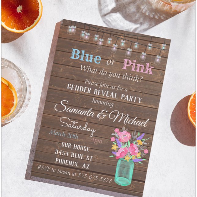 Invitación Fiesta de Revelación de Género Mason Jar Wood Luce (Subido por el creador)