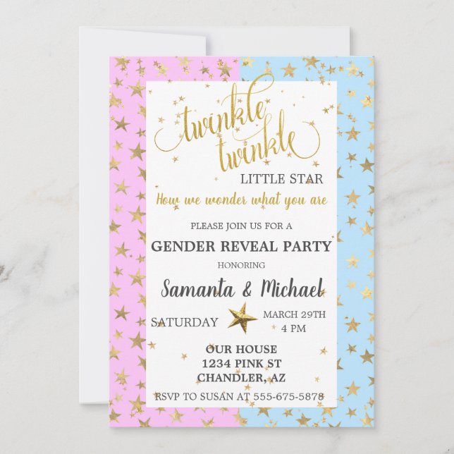 Invitación Fiesta de Revelación de Género Metálico de Twinkle (Anverso)