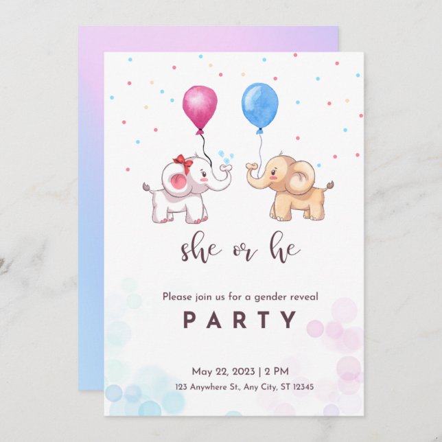 Invitación fiesta de revelación de género,niño o niña, elefan (Anverso / Reverso)