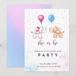 Invitación fiesta de revelación de género,niño o niña, elefan