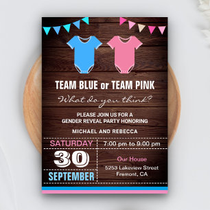 Invitación Fiesta de revelación de género rosa azul de equipo