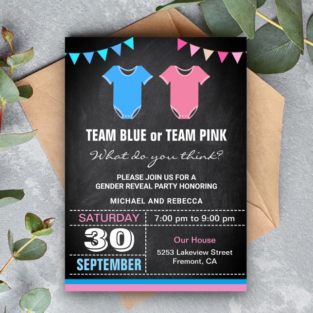 Invitación Fiesta de revelación de género rosa azul de equipo (Subido por el creador)