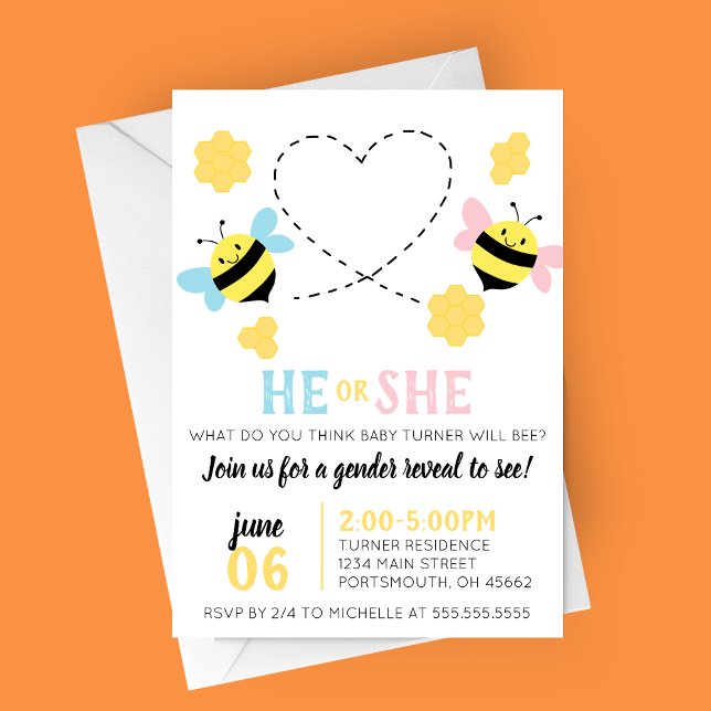 Invitación Fiesta de Revelación de Género Temática de Bee (He or She What Will Baby Bee? Bee Themed Summer Gender Reveal Party Invitation)