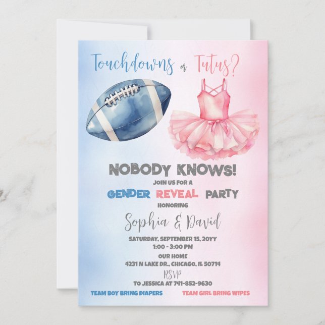 Invitación Fiesta de Revelación de Género Touchdowns o Tutus (Anverso)