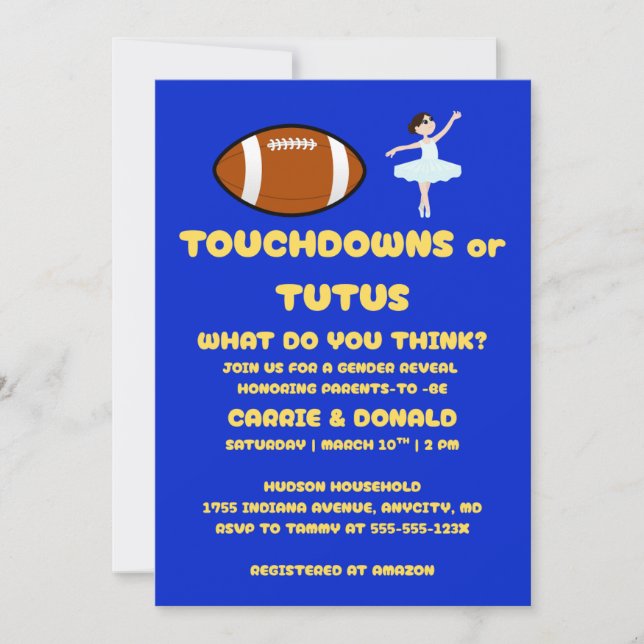 Invitación Fiesta de Revelación de Género Touchdowns o Tutus (Anverso)