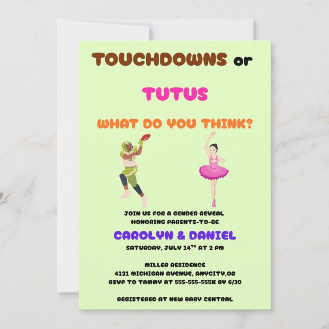Invitación Fiesta de Revelación de Género Touchdowns o Tutus (Anverso)