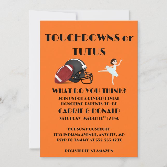 Invitación Fiesta de Revelación de Género Touchdowns o Tutus  (Anverso)